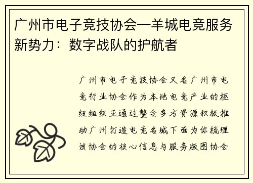 广州市电子竞技协会—羊城电竞服务新势力：数字战队的护航者